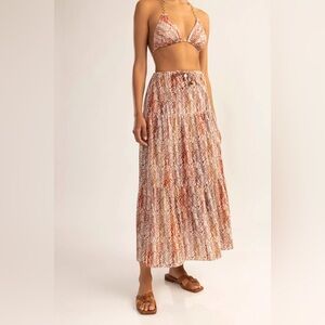 SHOSHANNA $495 Safari Stripe Tiered Cotton Midi-Skirt In Amber Multi
